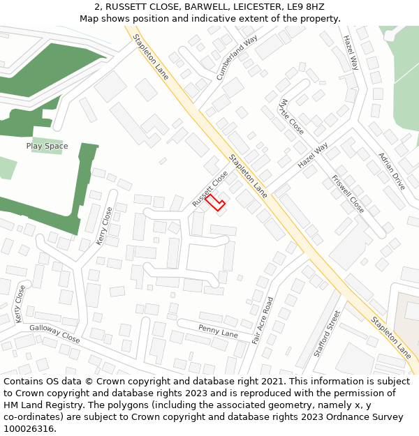 2, RUSSETT CLOSE, BARWELL, LEICESTER, LE9 8HZ: Location map and indicative extent of plot