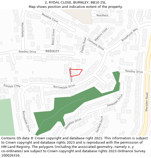 2, RYDAL CLOSE, BURNLEY, BB10 2SL: Location map and indicative extent of plot