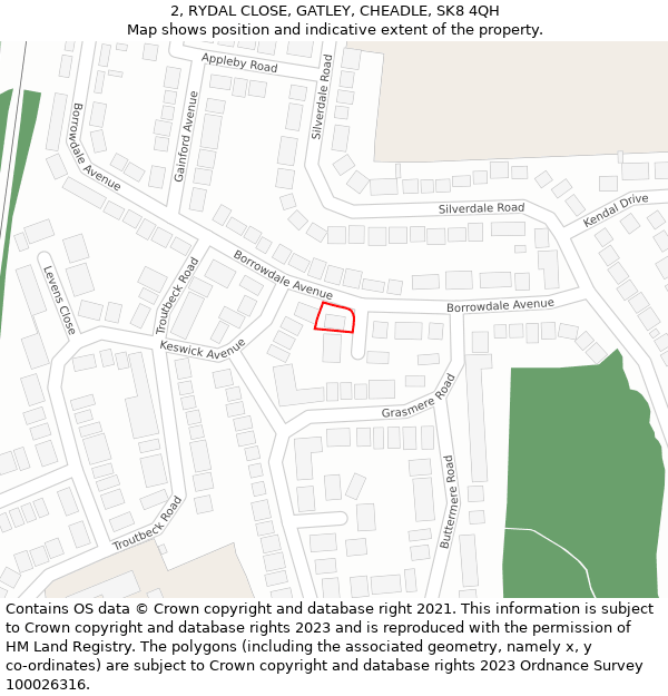 2, RYDAL CLOSE, GATLEY, CHEADLE, SK8 4QH: Location map and indicative extent of plot