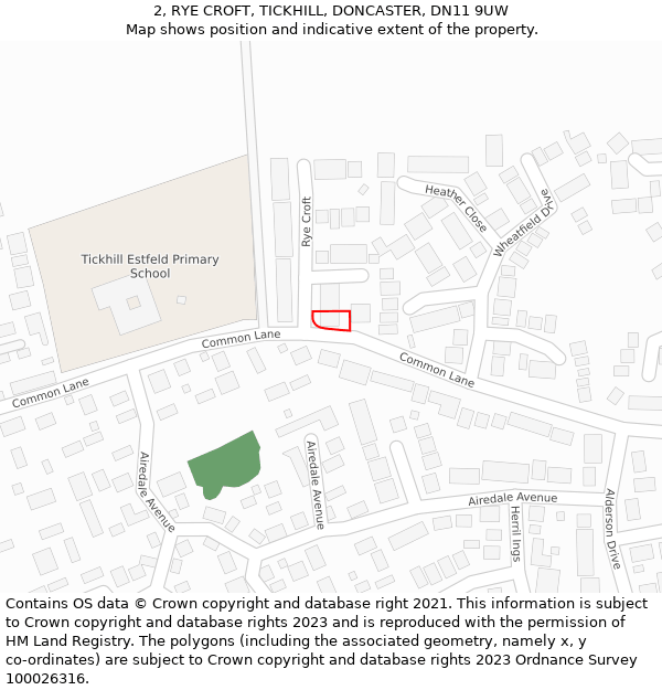 2, RYE CROFT, TICKHILL, DONCASTER, DN11 9UW: Location map and indicative extent of plot