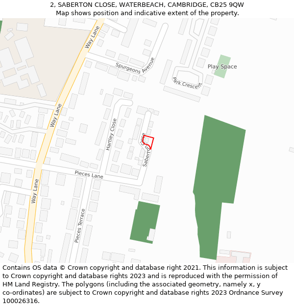 2, SABERTON CLOSE, WATERBEACH, CAMBRIDGE, CB25 9QW: Location map and indicative extent of plot