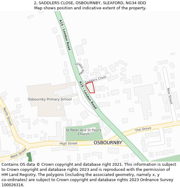 2, SADDLERS CLOSE, OSBOURNBY, SLEAFORD, NG34 0DD: Location map and indicative extent of plot