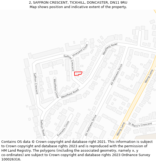 2, SAFFRON CRESCENT, TICKHILL, DONCASTER, DN11 9RU: Location map and indicative extent of plot