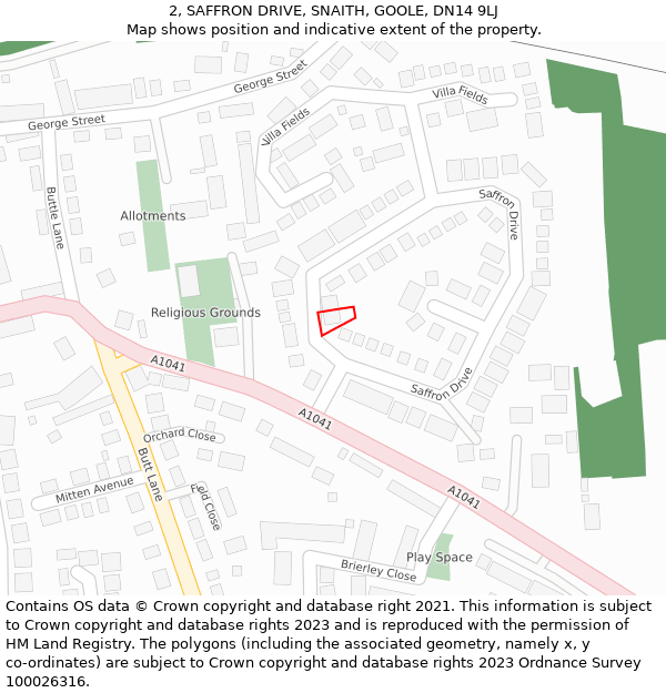 2, SAFFRON DRIVE, SNAITH, GOOLE, DN14 9LJ: Location map and indicative extent of plot