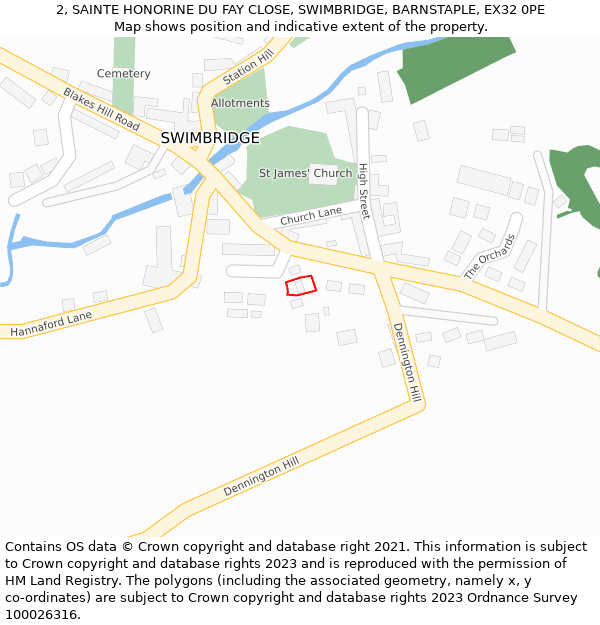 2, SAINTE HONORINE DU FAY CLOSE, SWIMBRIDGE, BARNSTAPLE, EX32 0PE: Location map and indicative extent of plot