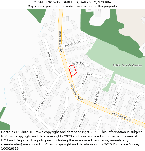 2, SALERNO WAY, DARFIELD, BARNSLEY, S73 9RA: Location map and indicative extent of plot