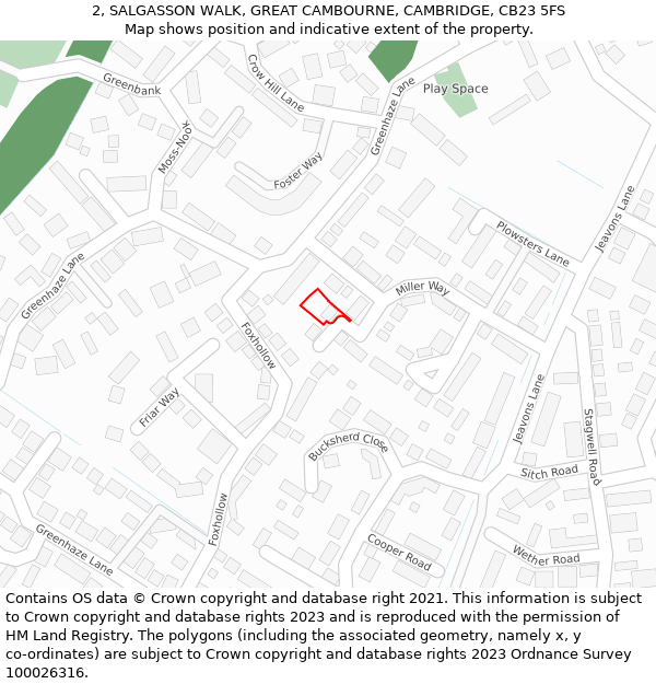 2, SALGASSON WALK, GREAT CAMBOURNE, CAMBRIDGE, CB23 5FS: Location map and indicative extent of plot