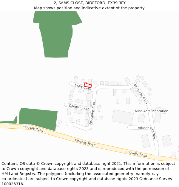 2, SAMS CLOSE, BIDEFORD, EX39 3FY: Location map and indicative extent of plot