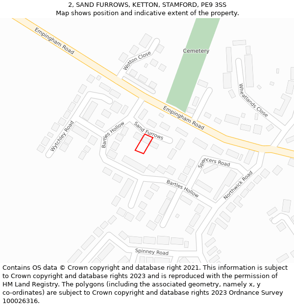 2, SAND FURROWS, KETTON, STAMFORD, PE9 3SS: Location map and indicative extent of plot