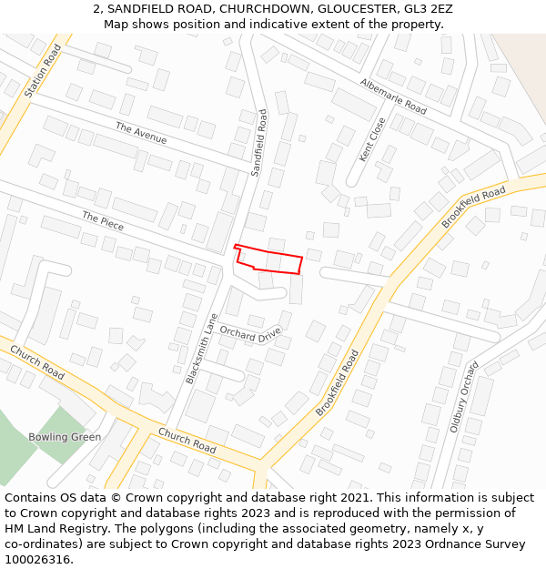 2, SANDFIELD ROAD, CHURCHDOWN, GLOUCESTER, GL3 2EZ: Location map and indicative extent of plot