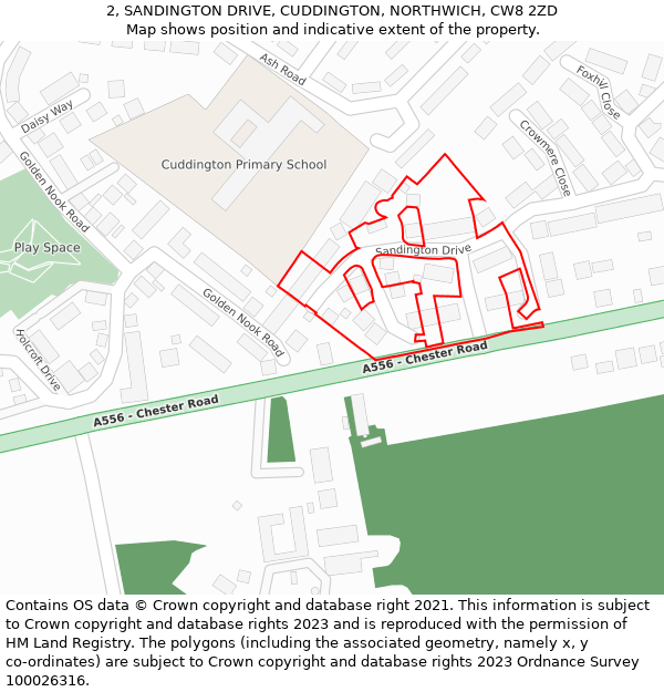 2, SANDINGTON DRIVE, CUDDINGTON, NORTHWICH, CW8 2ZD: Location map and indicative extent of plot