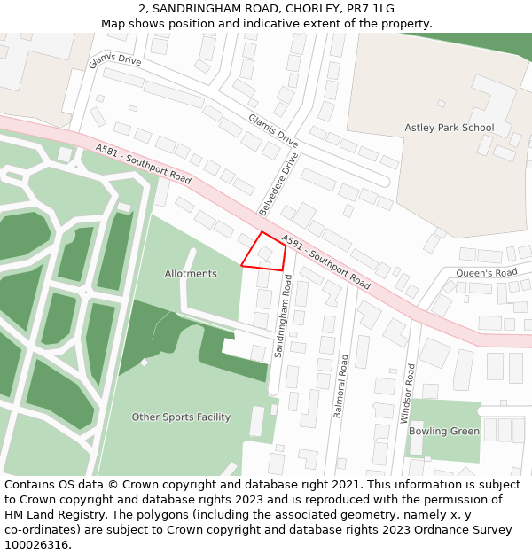 2, SANDRINGHAM ROAD, CHORLEY, PR7 1LG: Location map and indicative extent of plot