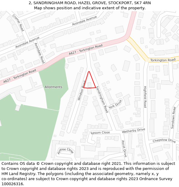 2, SANDRINGHAM ROAD, HAZEL GROVE, STOCKPORT, SK7 4RN: Location map and indicative extent of plot