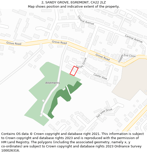 2, SANDY GROVE, EGREMONT, CA22 2LZ: Location map and indicative extent of plot