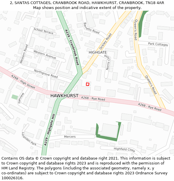 2, SANTAS COTTAGES, CRANBROOK ROAD, HAWKHURST, CRANBROOK, TN18 4AR: Location map and indicative extent of plot