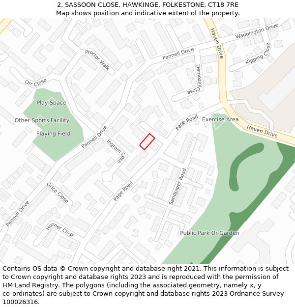 2, SASSOON CLOSE, HAWKINGE, FOLKESTONE, CT18 7RE: Location map and indicative extent of plot