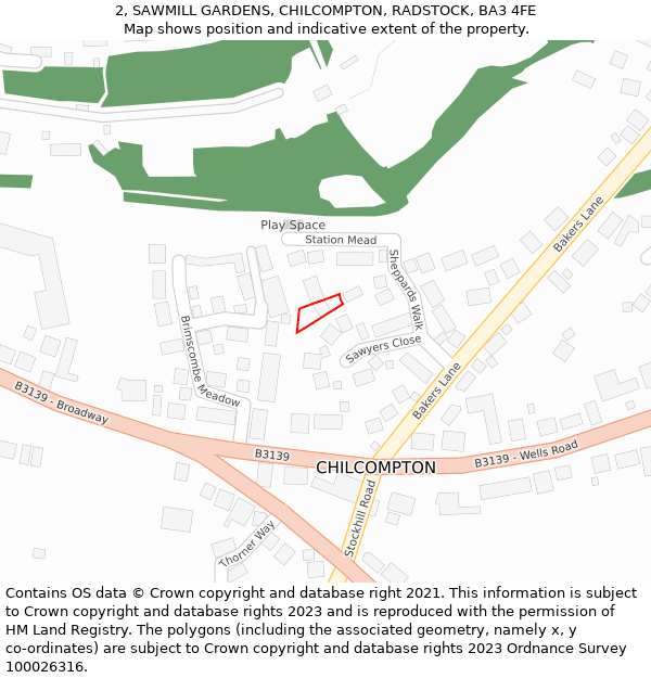 2, SAWMILL GARDENS, CHILCOMPTON, RADSTOCK, BA3 4FE: Location map and indicative extent of plot