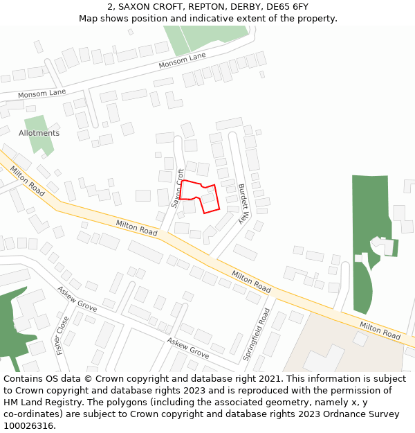 2, SAXON CROFT, REPTON, DERBY, DE65 6FY: Location map and indicative extent of plot