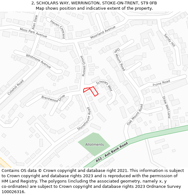 2, SCHOLARS WAY, WERRINGTON, STOKE-ON-TRENT, ST9 0FB: Location map and indicative extent of plot