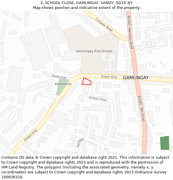 2, SCHOOL CLOSE, GAMLINGAY, SANDY, SG19 3JY: Location map and indicative extent of plot