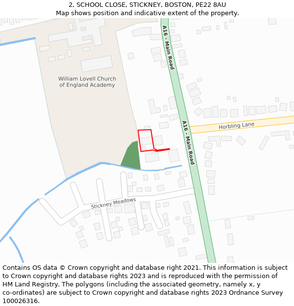 2, SCHOOL CLOSE, STICKNEY, BOSTON, PE22 8AU: Location map and indicative extent of plot