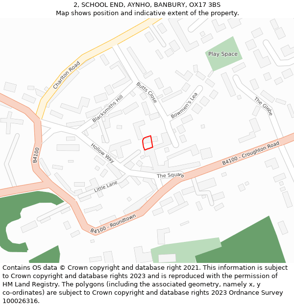 2, SCHOOL END, AYNHO, BANBURY, OX17 3BS: Location map and indicative extent of plot