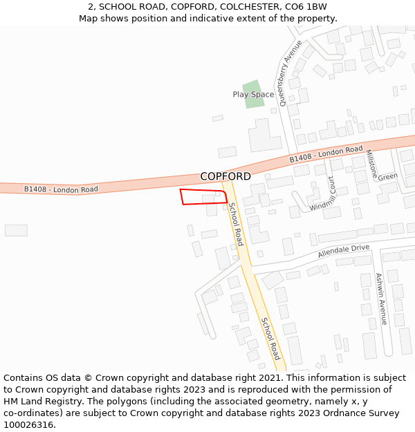 2, SCHOOL ROAD, COPFORD, COLCHESTER, CO6 1BW: Location map and indicative extent of plot