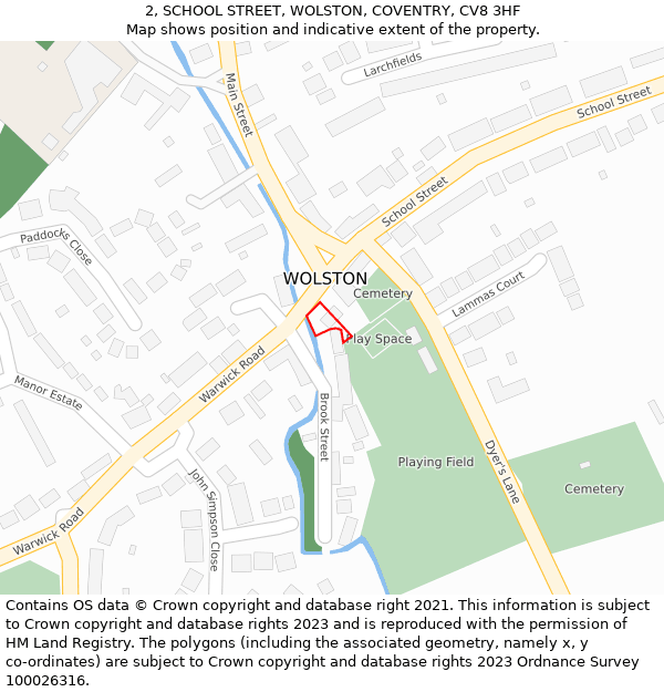 2, SCHOOL STREET, WOLSTON, COVENTRY, CV8 3HF: Location map and indicative extent of plot