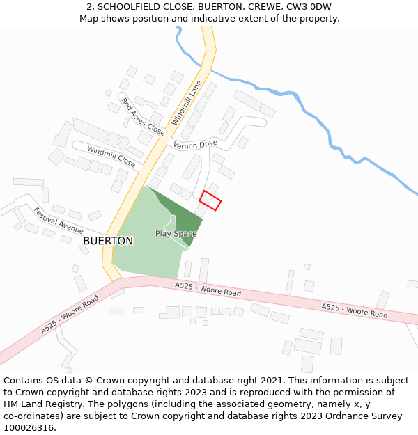 2, SCHOOLFIELD CLOSE, BUERTON, CREWE, CW3 0DW: Location map and indicative extent of plot