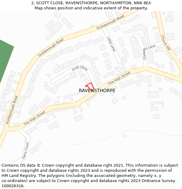 2, SCOTT CLOSE, RAVENSTHORPE, NORTHAMPTON, NN6 8EA: Location map and indicative extent of plot