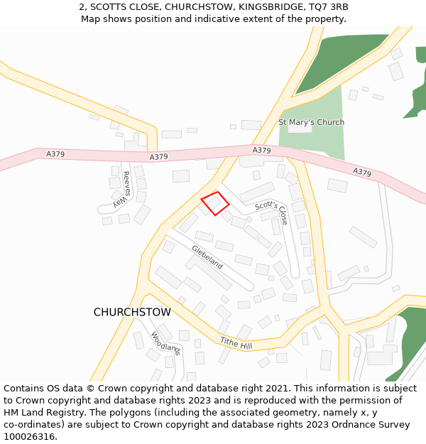 2, SCOTTS CLOSE, CHURCHSTOW, KINGSBRIDGE, TQ7 3RB: Location map and indicative extent of plot
