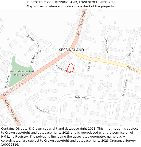 2, SCOTTS CLOSE, KESSINGLAND, LOWESTOFT, NR33 7SU: Location map and indicative extent of plot