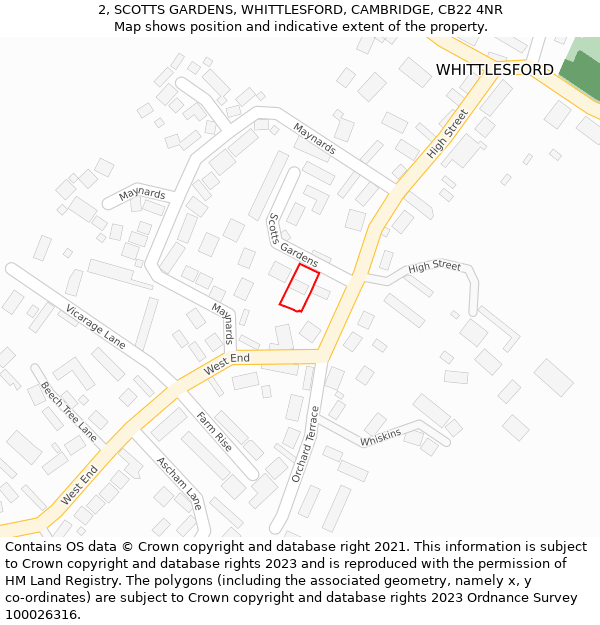 2, SCOTTS GARDENS, WHITTLESFORD, CAMBRIDGE, CB22 4NR: Location map and indicative extent of plot