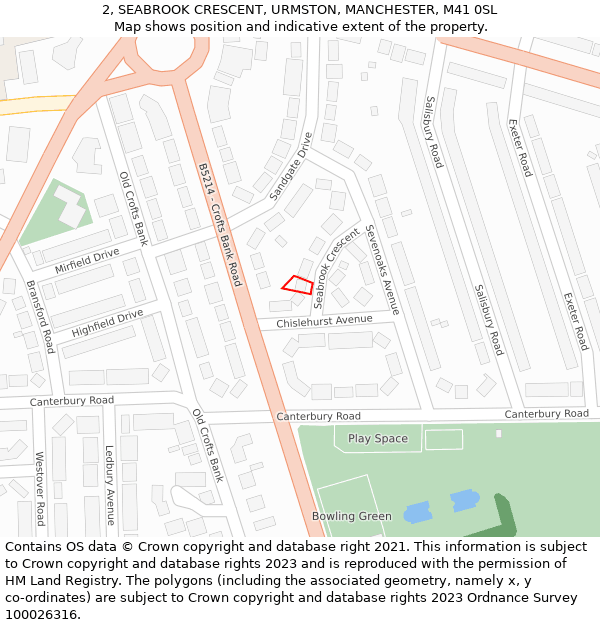 2, SEABROOK CRESCENT, URMSTON, MANCHESTER, M41 0SL: Location map and indicative extent of plot