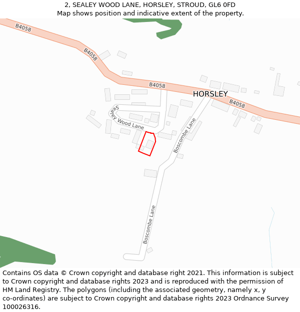 2, SEALEY WOOD LANE, HORSLEY, STROUD, GL6 0FD: Location map and indicative extent of plot