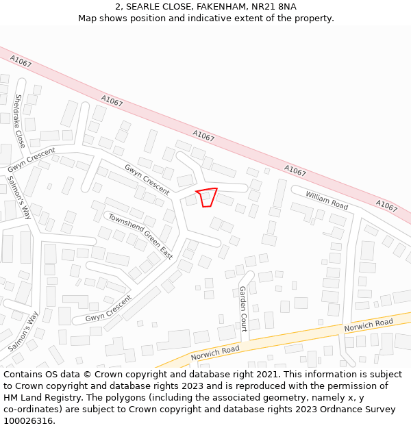 2, SEARLE CLOSE, FAKENHAM, NR21 8NA: Location map and indicative extent of plot