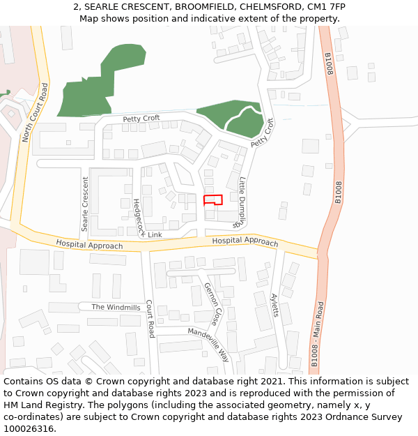 2, SEARLE CRESCENT, BROOMFIELD, CHELMSFORD, CM1 7FP: Location map and indicative extent of plot