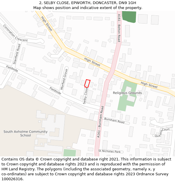 2, SELBY CLOSE, EPWORTH, DONCASTER, DN9 1GH: Location map and indicative extent of plot