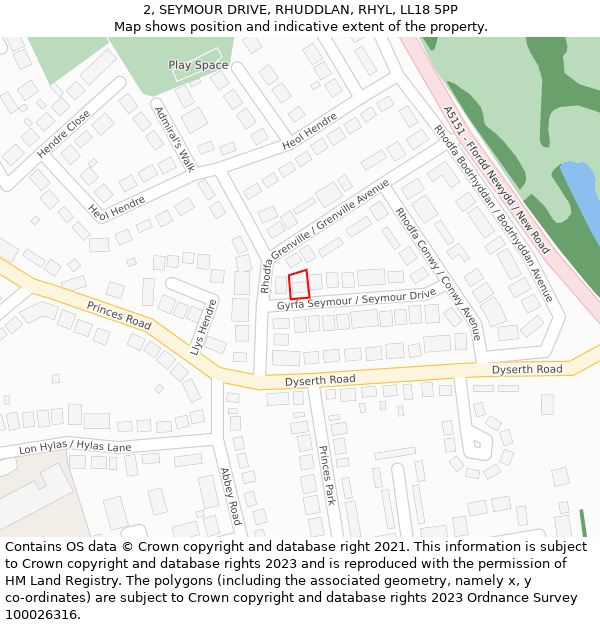 2, SEYMOUR DRIVE, RHUDDLAN, RHYL, LL18 5PP: Location map and indicative extent of plot