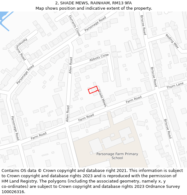 2, SHADE MEWS, RAINHAM, RM13 9FA: Location map and indicative extent of plot