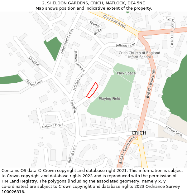 2, SHELDON GARDENS, CRICH, MATLOCK, DE4 5NE: Location map and indicative extent of plot