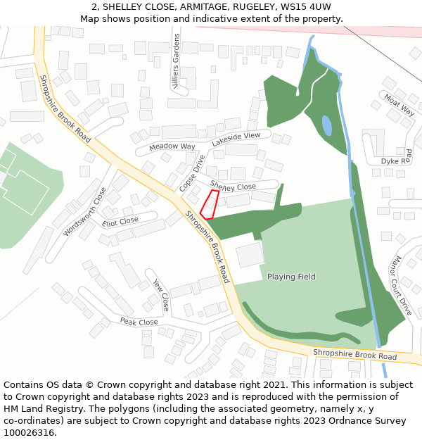 2, SHELLEY CLOSE, ARMITAGE, RUGELEY, WS15 4UW: Location map and indicative extent of plot