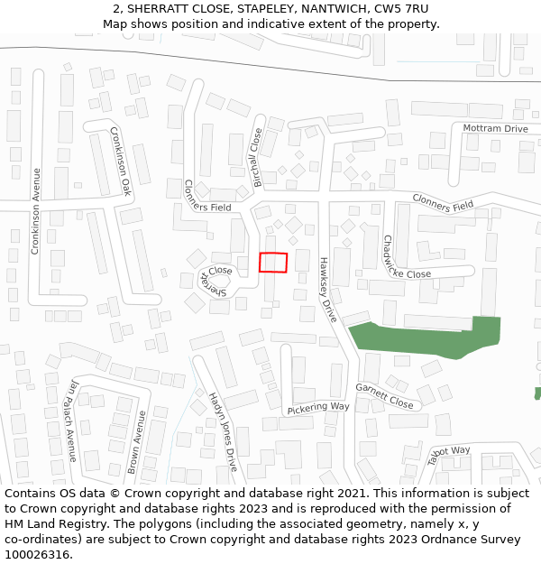 2, SHERRATT CLOSE, STAPELEY, NANTWICH, CW5 7RU: Location map and indicative extent of plot