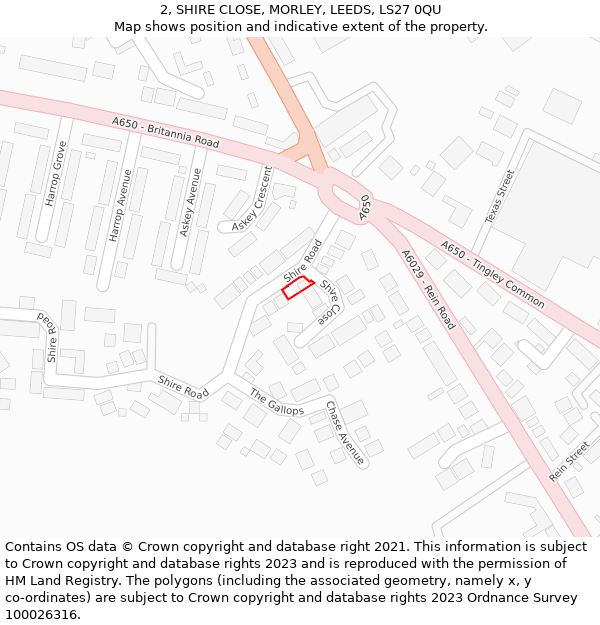 2, SHIRE CLOSE, MORLEY, LEEDS, LS27 0QU: Location map and indicative extent of plot