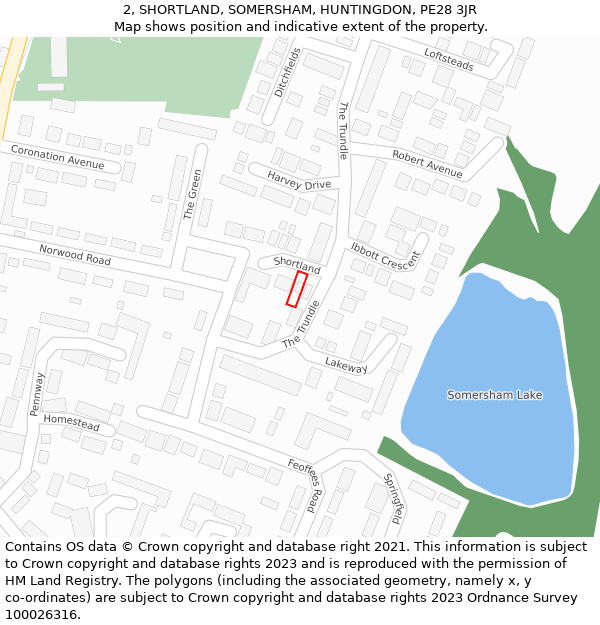 2, SHORTLAND, SOMERSHAM, HUNTINGDON, PE28 3JR: Location map and indicative extent of plot