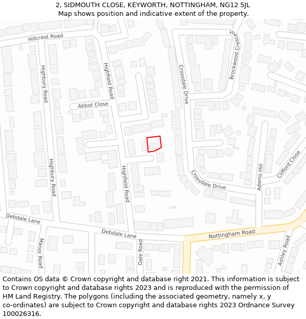 2, SIDMOUTH CLOSE, KEYWORTH, NOTTINGHAM, NG12 5JL: Location map and indicative extent of plot