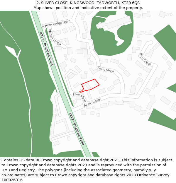 2, SILVER CLOSE, KINGSWOOD, TADWORTH, KT20 6QS: Location map and indicative extent of plot