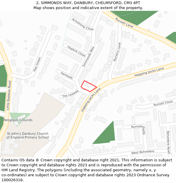 2, SIMMONDS WAY, DANBURY, CHELMSFORD, CM3 4PT: Location map and indicative extent of plot