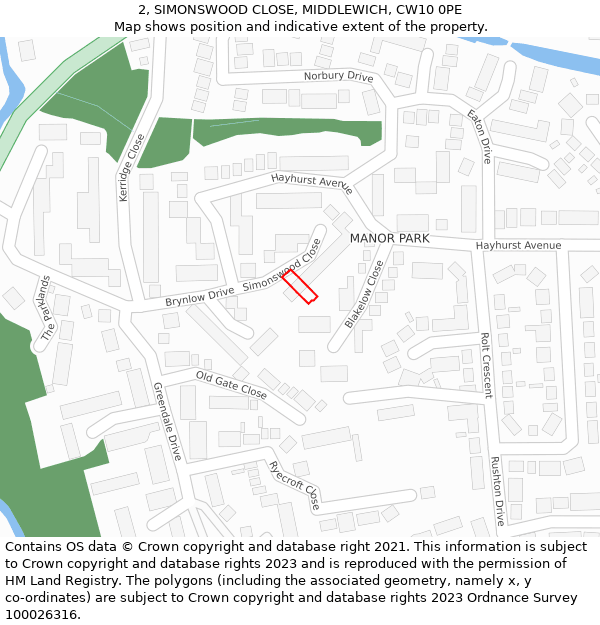 2, SIMONSWOOD CLOSE, MIDDLEWICH, CW10 0PE: Location map and indicative extent of plot