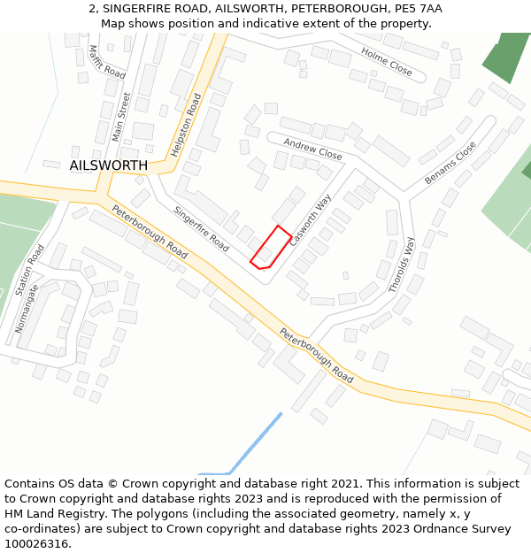 2, SINGERFIRE ROAD, AILSWORTH, PETERBOROUGH, PE5 7AA: Location map and indicative extent of plot